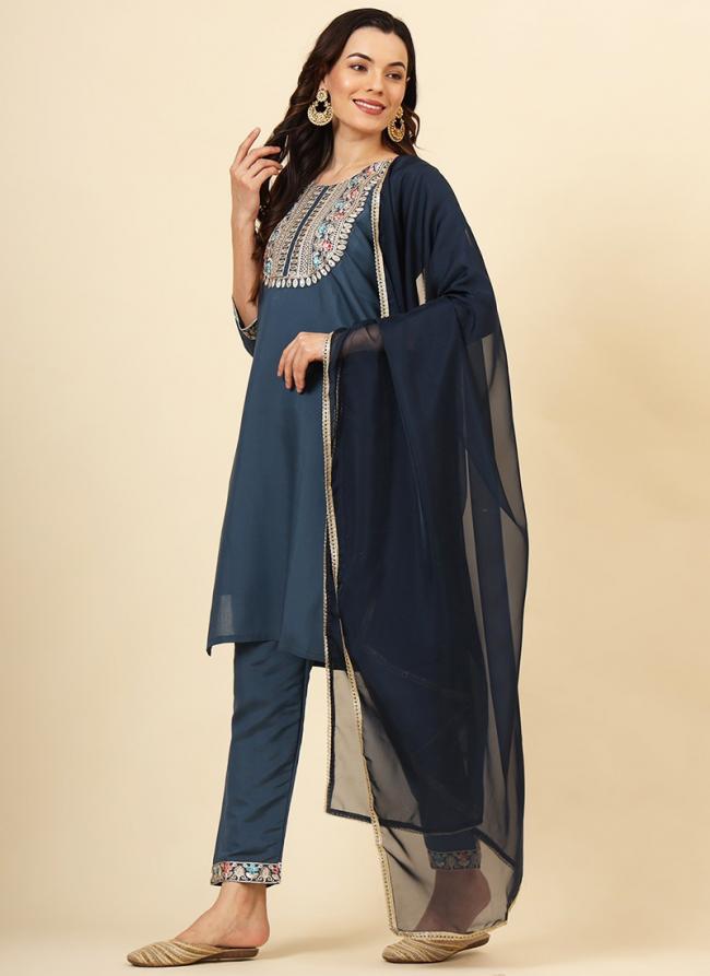 Silk Blue Festival Wear Embroidery Work Readymade Kurti Set